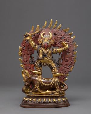 Dharma Raj Yama the king of the law and Lord of Death | Esoteric Buddhist Art | Buffalo-headed Deity | Gold Plated Copper Handmade Statue